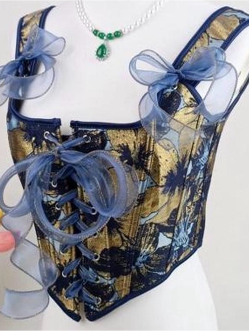 Blue & Gold Lace-Up Satin Corset Top